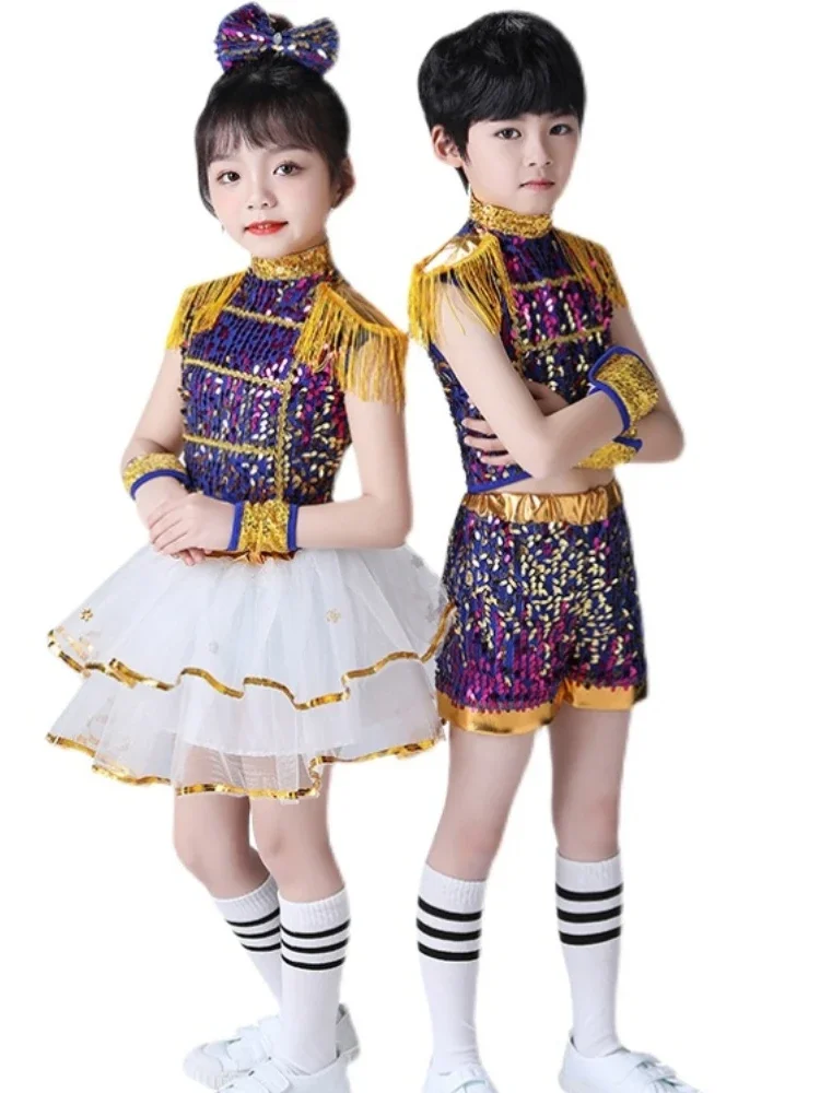 

Children's Jazz Clothes Boys and Girls Kindergarten Dance Cheerleading Pom Pom Sequins Jazz Dance Stage Performance Costume