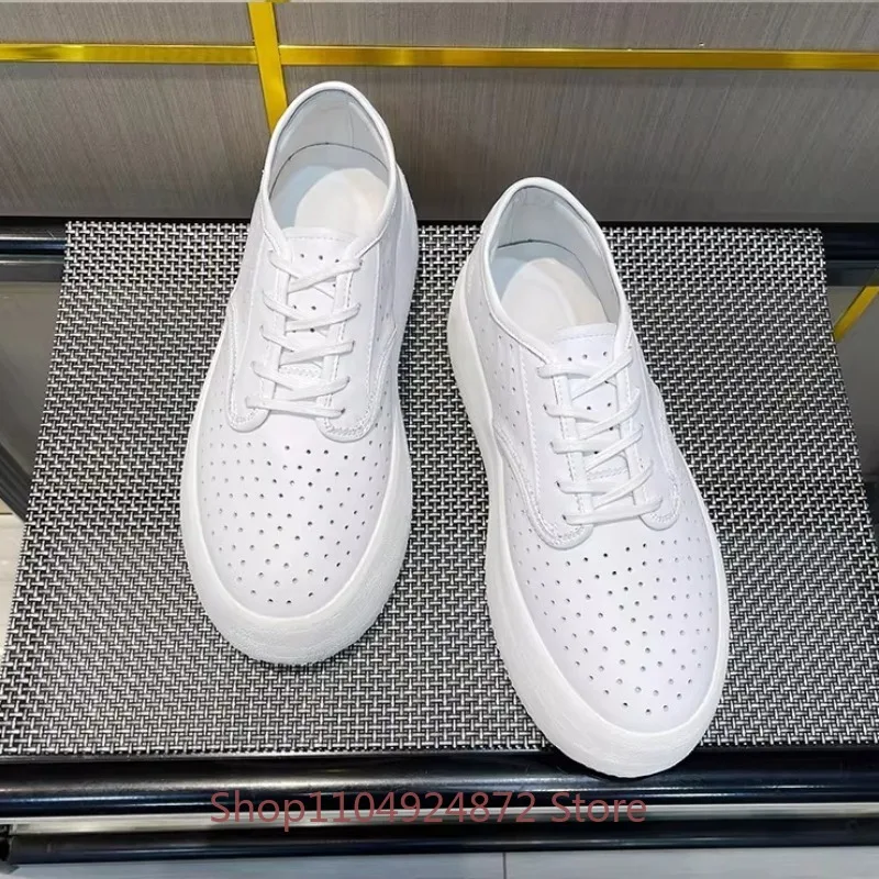 New Spring Summer Luxury Genuine Leather Breathable Hollow Platform Shoes Men Thick Soled Fashion Height Increasing Casual Shoes