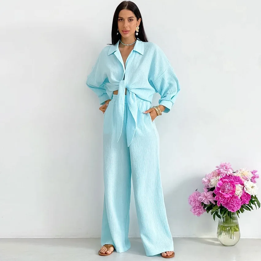Pajamas Female Set Cotton Street Women\'s Set Long Sleeve Shirt Tops and Pants Elegant Sleepwear Lace Up Two Piece Set Outfits