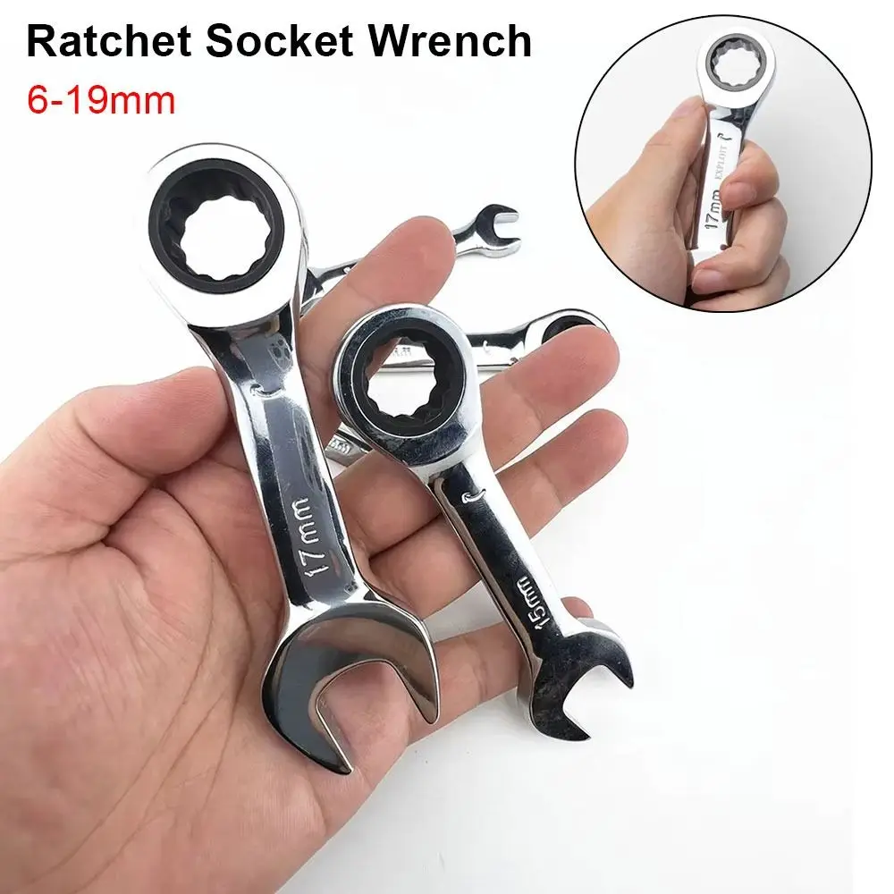 

1Pcs New 6-19mm Ratchet Socket Spanner 72 Teeth Short Handle Stubby Single Wrench Reversible Combination Steel Nut Repair Tool