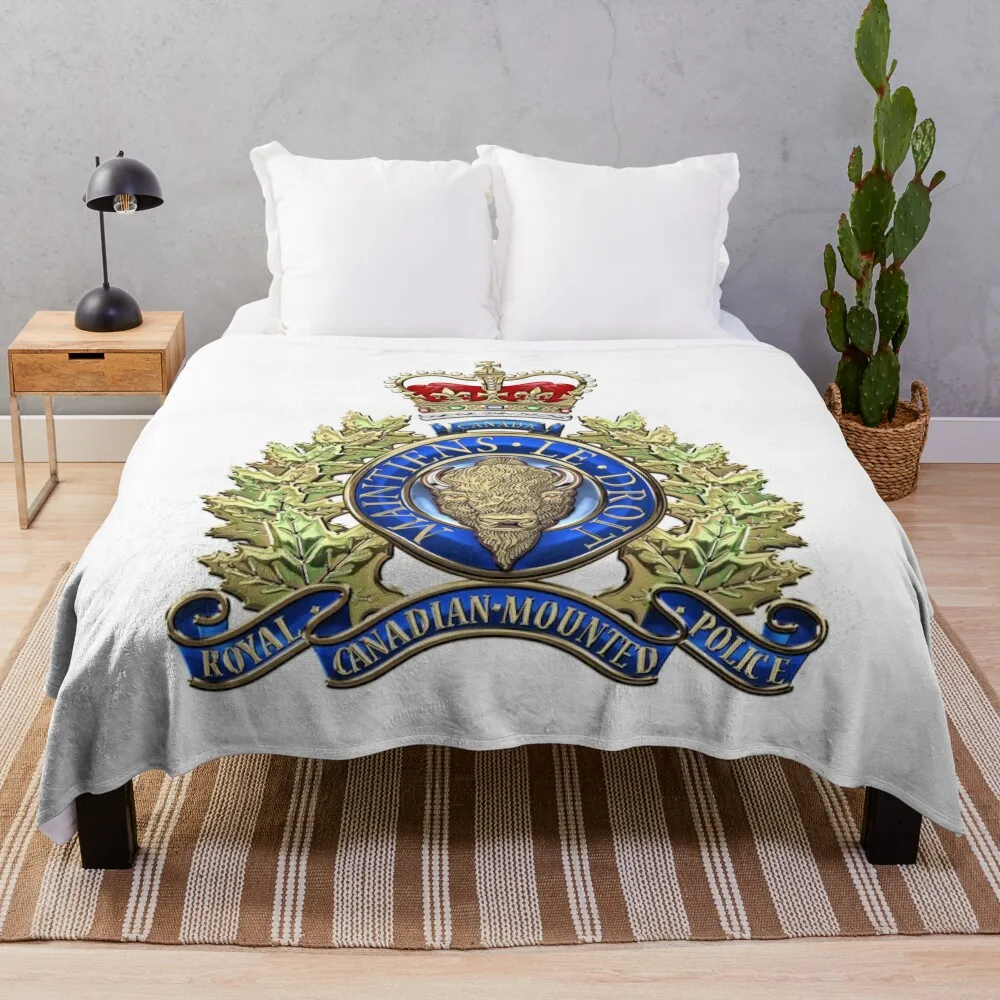 Royal Canadian Mounted Police - RCMP Badge over White Leather Throw Blanket Comforter Blanket For Sofa Thin