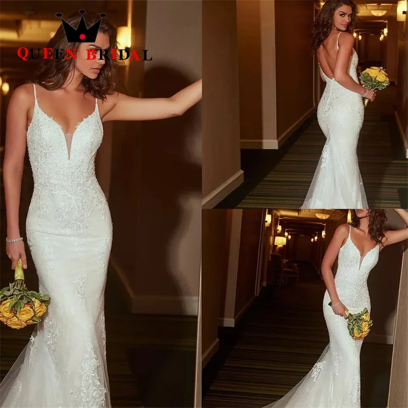 Exquisite Appliques Lace Wedding Dresses Sexy V Neck Spaghetti Straps Backless Sleeveless Bridal Gown Robe De Mariée Custom S18X