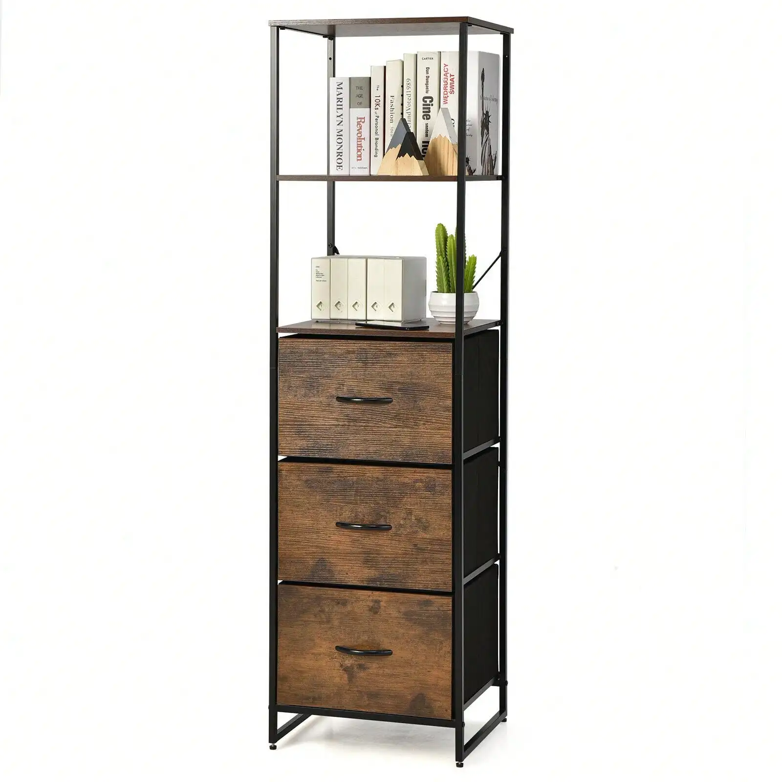 

Vertical 3 Drawer Dresser w/ 3 Shelves Tall Storage Tower Chest Freestanding
