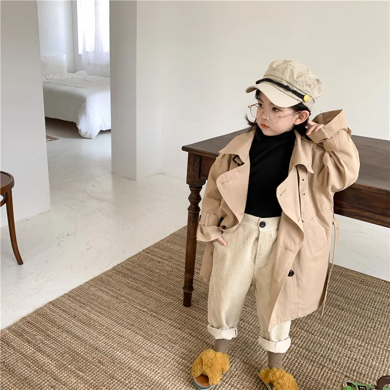 Trench Autumn New Korean Children Windbreaker Loose Coat Boys and Girls Long Turn Down Collar Tide 2024 Turn Down Collar