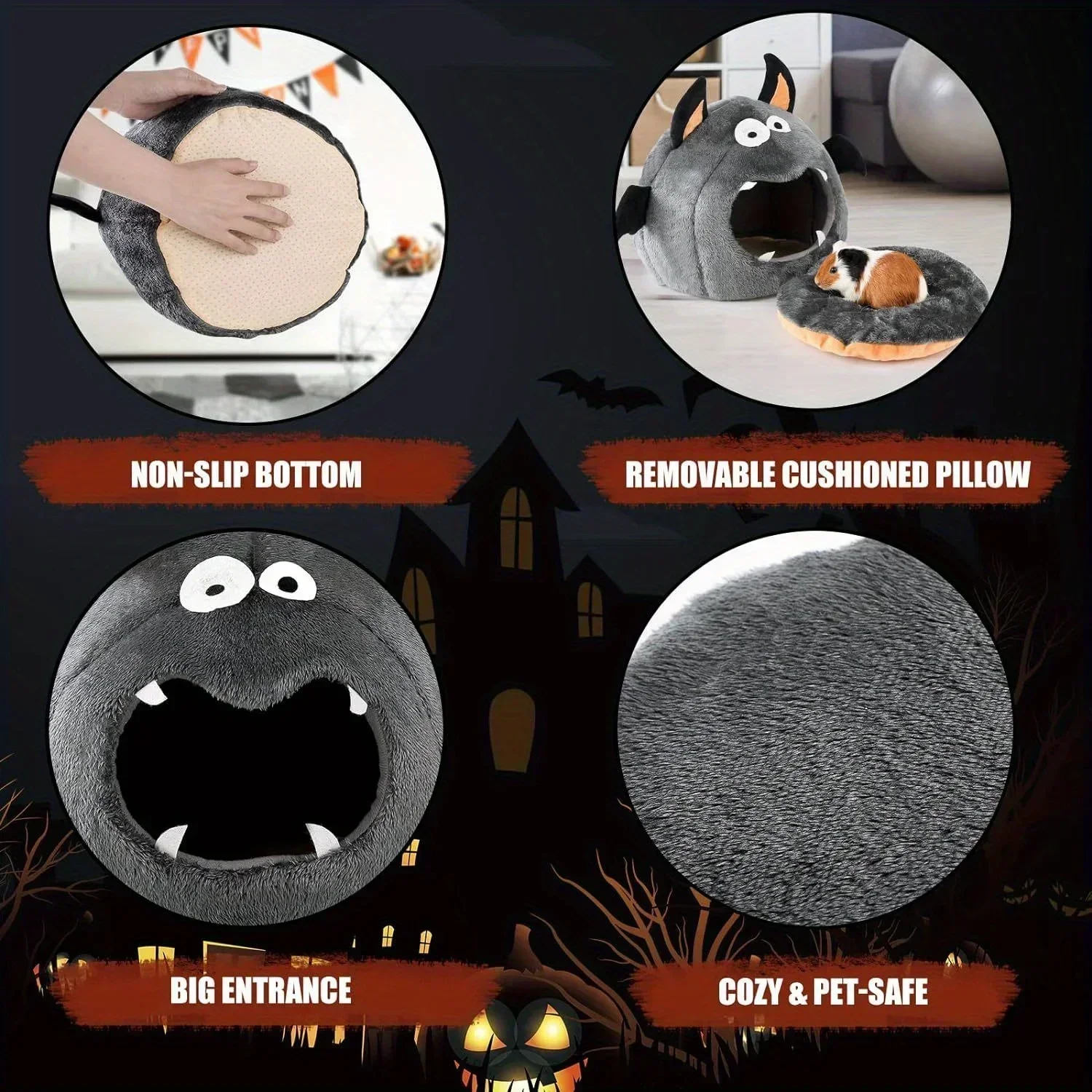 2 in 1 Hamster Nest Halloween Bat-Shaped Cozy Bed for Hamster Guinea Pigs Rabbits & Small Pets Soft Plush Polyester Hideout Bed