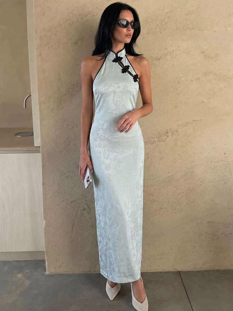 HH 2026 Sommer Elegantes Damen Jacquard Neckholder-Maxikleid Ärmellos Rückenfrei Geknotet Chinesischer Stil Midi-Kleid für Abendveranstaltungen