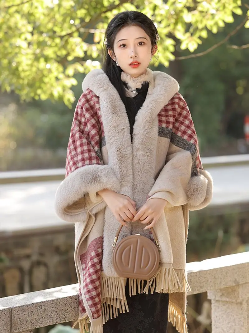 Autumn/winter New Loose-fit Plaid Fleece-lined Thickened Knit Scarf Mantle Women's Woolen Scarf Jacket Pullovers E2619