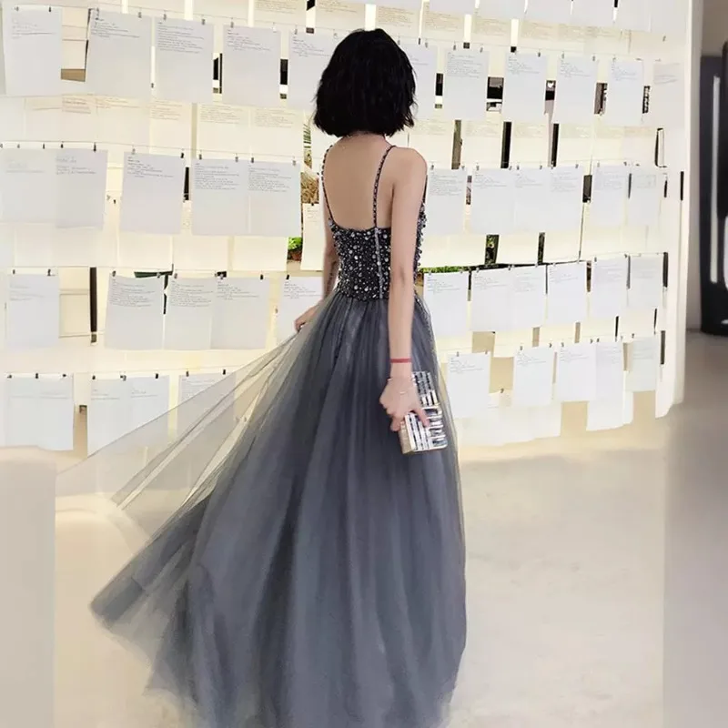 2025 New Women's Sexy Glitter Strap Long Style Banquet Fairy Evening Dress Fashionable and Skinny Celebrity Host Dress