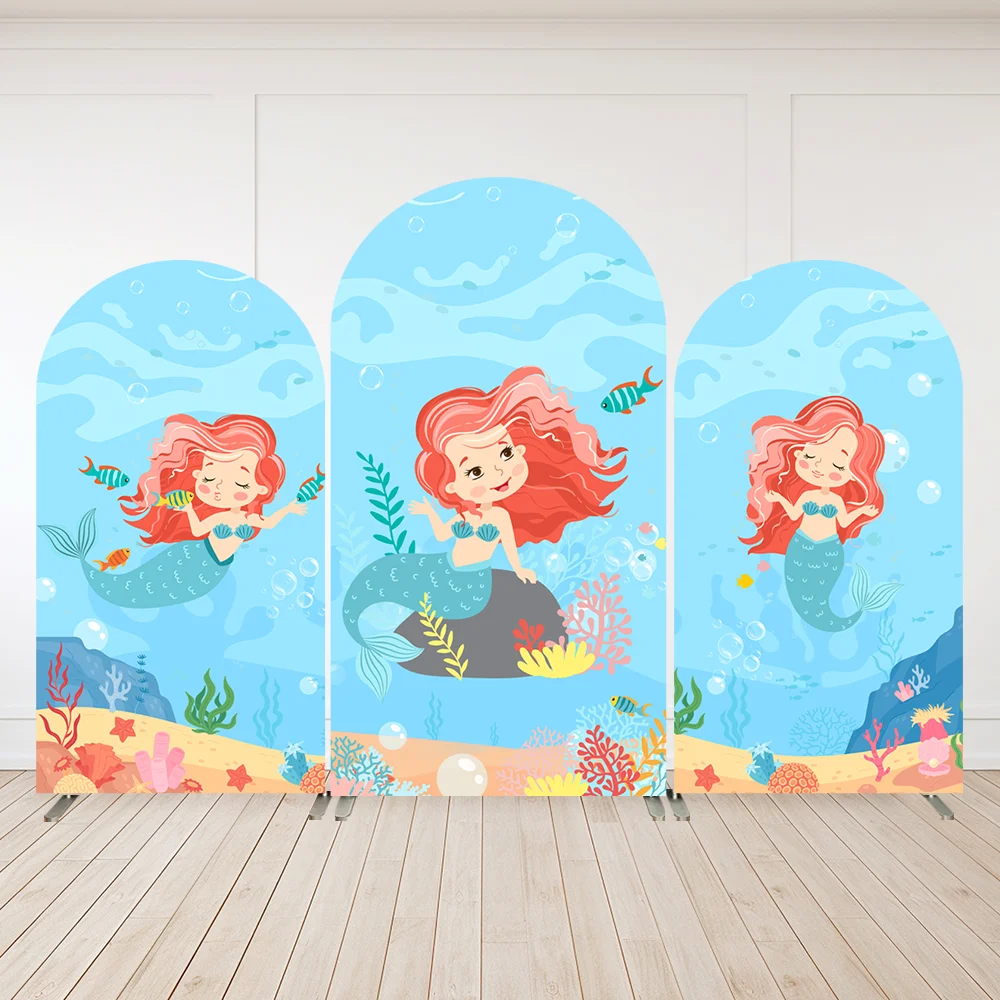 

Mermaid Party Supplies Girls 1st Birthday Arch Backdrop Cover Under the Sea Corals fish Baby Shower Arched Wall Panels
