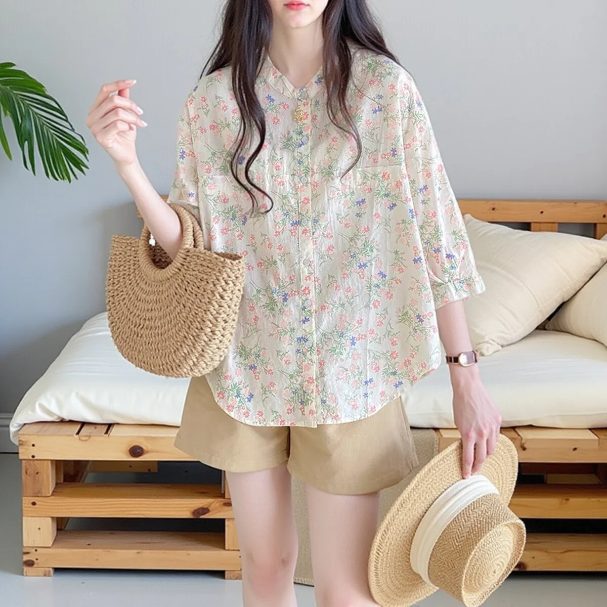 

Новая кукла с цветочным принтом 2025 года, свободная хлопковая льняная смесь середины све, круглый топ, женский летний топ с милыми пуговицами, Clo...