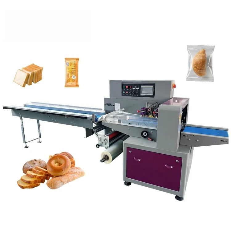 Máquina de envasado Horizontal automática, gran oferta, para hamburguesa, pan, galleta, Chocolate, barra, envoltura de película, alta eficiencia