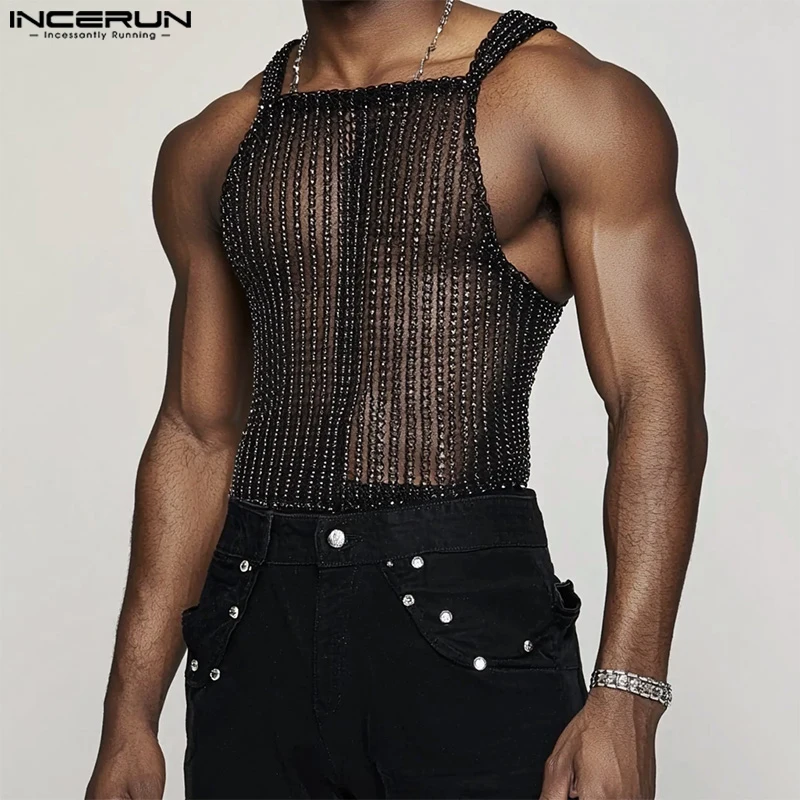 INCERUN Tops 2025 American Style Fashion Men Sparkling Fabric Stripe Perspective Mesh Vests Casual Clubwear Male Thin Tank Tops