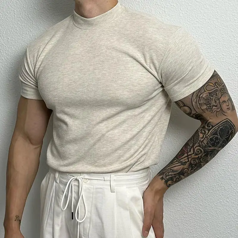 Men Clothing Summer Short Sleeve Fitness Gym Training Tees Half High Collar Solid Skinny T-shirt Male Running Ribbed Basic Tops