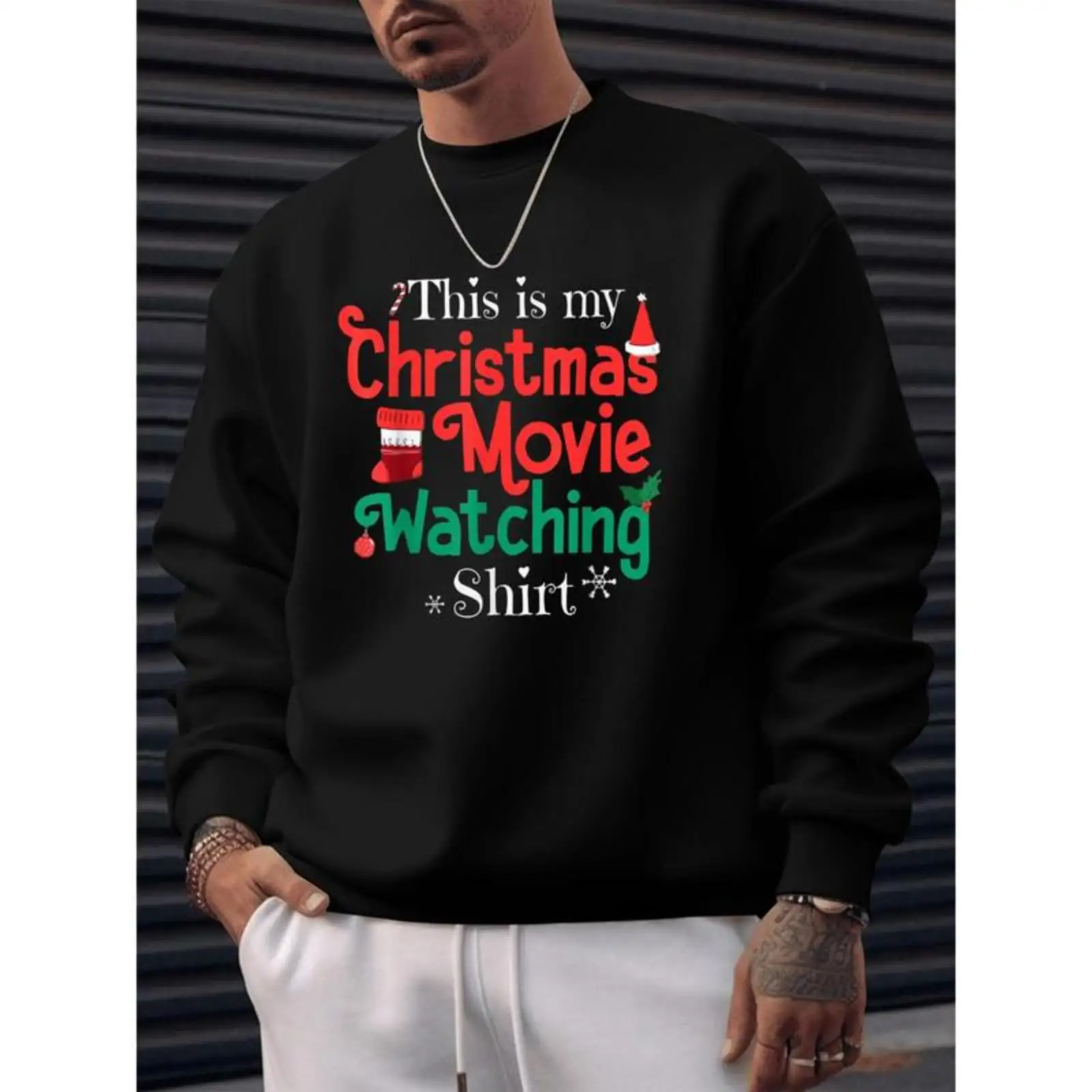 

Funny Christmas Movie Watching Shirt Long Sleeve Sweatshirt Crewneck Jumper Casual Holiday Family Party Gift Tops for Men