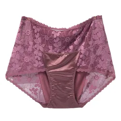 BS70 Sexy Intimates High Waist Silk Women Panties Transparent Flower Lace Satin Briefs Seamless Female Underwear Plus Size 3XL