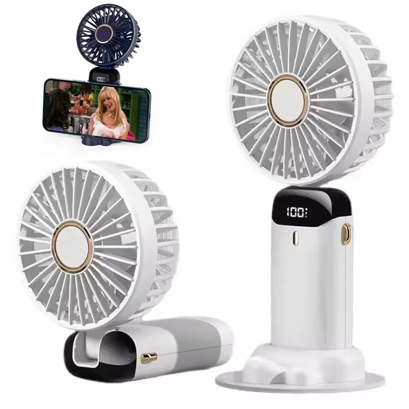 Tragbarer Mini-Elektroventilator, faltbar, zum Umhängen am Hals, 5 Geschwindigkeitsstufen, USB-aufladbar, mit LED-Display und Handyhalterung