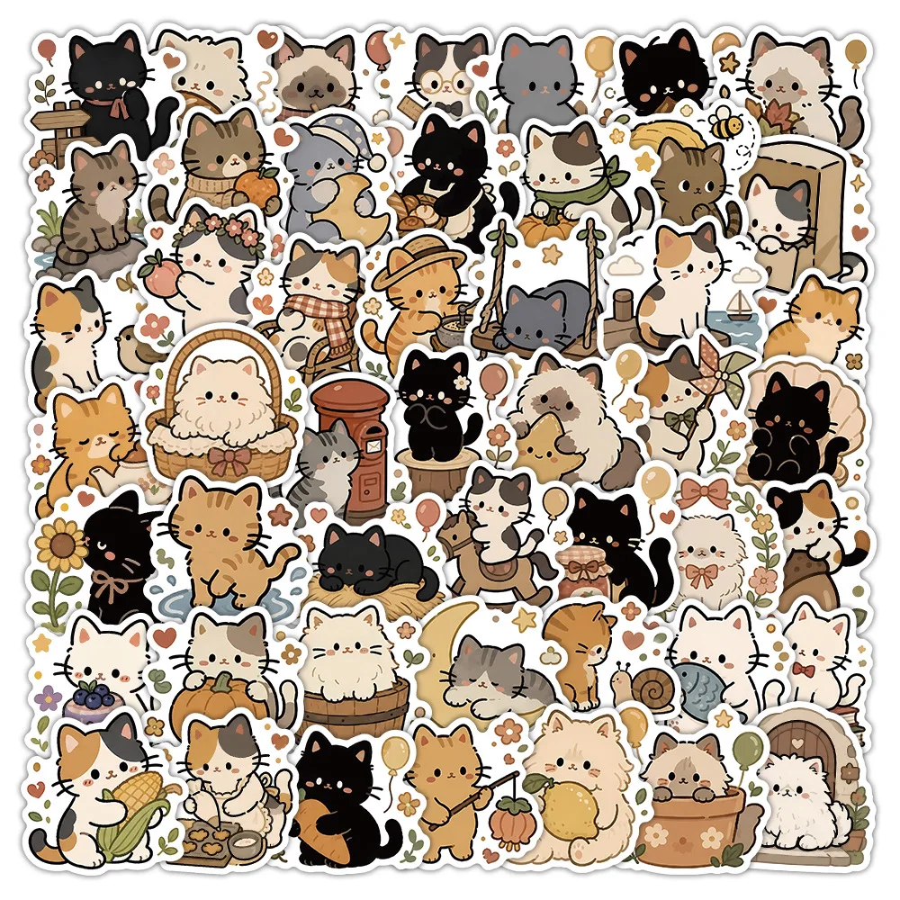 50PCS Vintage Cat Graffiti Stickers Personified Animal Cartoon Decal DIY Notebook Phone Guitar Fridge Cup Classic Kid Toys
