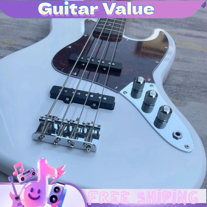 4 String Bass Electric Guitar Gloss White Offset Double Cut Tortoise Shell Pickguard Dual Single Coil Pickups Free Shipping view 3
