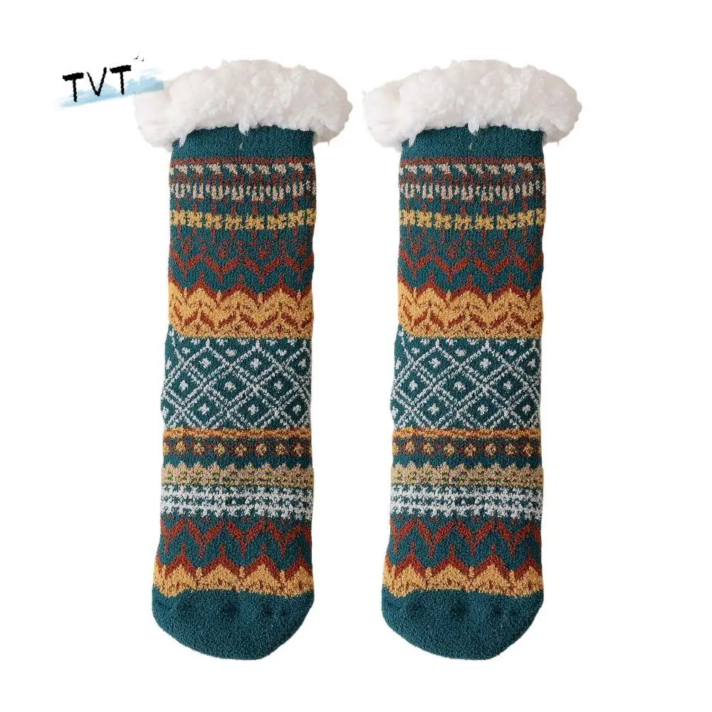 Chaussettes de sol Patchwork polaire chaussettes femmes mi Tube anti-dérapant épaissir velours chaussettes bonneterie Style ethnique hiver chaussettes de sol hiver