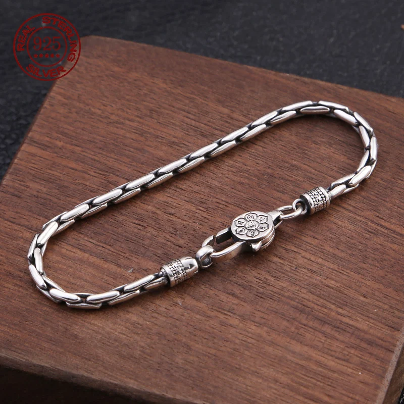 100% Real Solid S925 Sterling Silver Punk Bamboo Bracelet Sequin Chain 3.5MM S925 Silver Jewelry Certified Women Men Jewelry