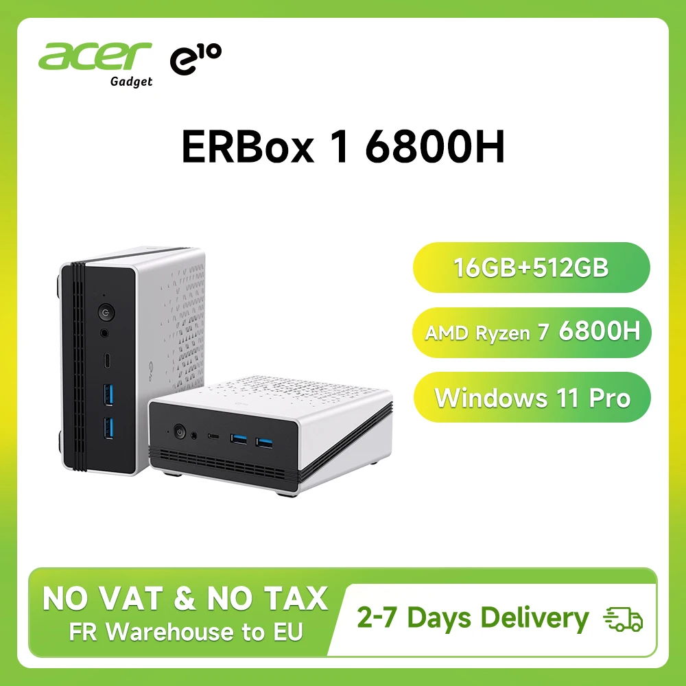 Acer Gadget E10 ERBox 1 AMD R7 6800H Mini PC 16GB LPDDR5 512GB M.2 PCIE3.0 SSD Max 4.7GHz WiFi6 BT5.3 Max a 4K Windows 11 Pro Computer Mini PC