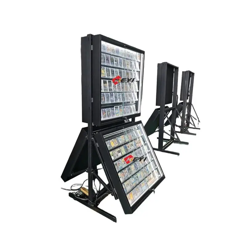 custom.Hot Selling Modern Metal Acrylic Trading Card Games Floor Stand Adjustable Shelves LED Light Eco-Friendly Design