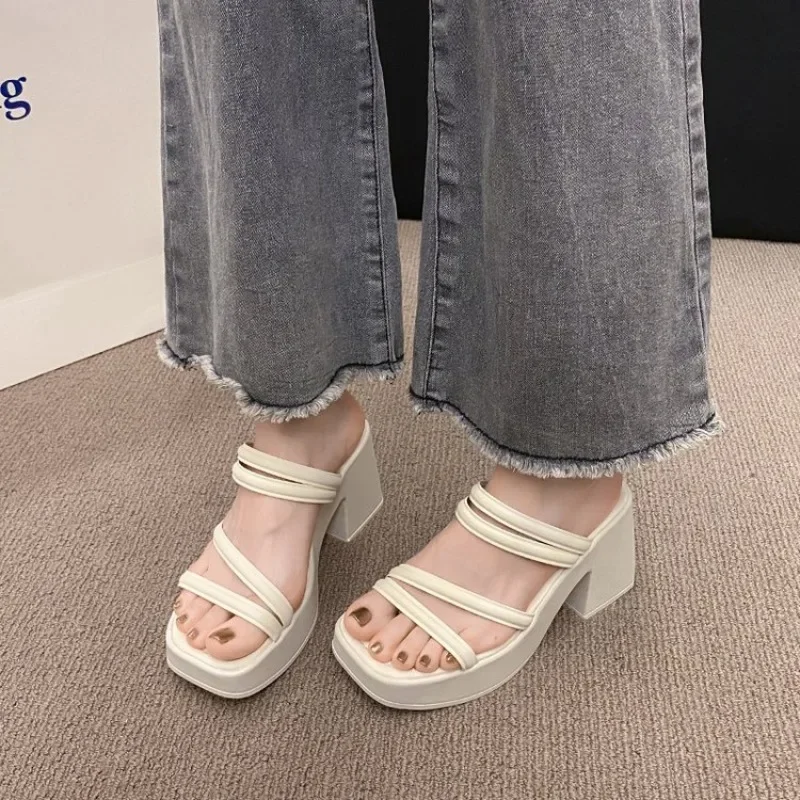 

Women Sandals Ladies Square Heels Elegant Summer Slippers Outside Cross Tied Leather Female Slides Fashion Woman Sandals