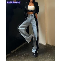 2024 Summer Fashion Splicing Three Stripe Wide Leg Denim Pants Women's New Casual High Waist Elastic Straight Leg jeans