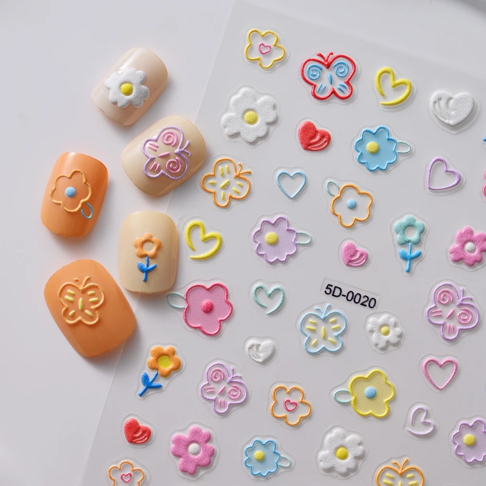 

1 шт. 5D тисненные весенние цветочные наклейки для ногтей Kawaii маленький цветок бабочка клейкие ползунки милые цветочные сердечки маникюрные наклейки