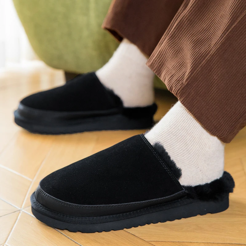 Men Warm Lined Closed Toe Slippers Slip‑on Winter Backless Snow Boots Soft Mules Cotton Shoes Household Indoor Outdoor Wear