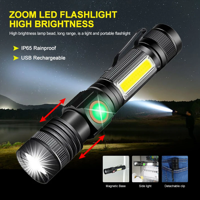 

Built-in Battery LED Flashlight USB Rechargeable Torch Waterproof Zoom 5 Modes Flash Light Magnetic Attraction Outdoor Flashligh