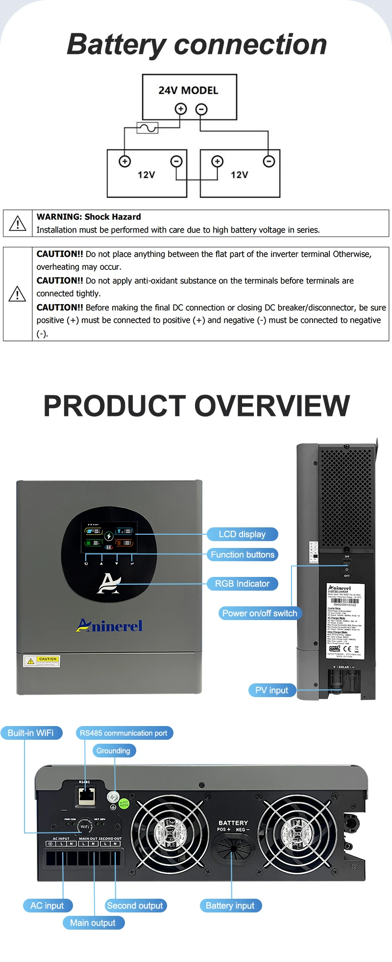 Aninerel 2 kW 4,2 kW 6,2 kW 11 kW 12 V 24 V 48 V Hybrid-Solar-Wechselrichter Dual-Ausgang Farb-LCD-Display MPPT 60 A 100 A 120 A PV 160 V – 500 VDC – Detail 17
