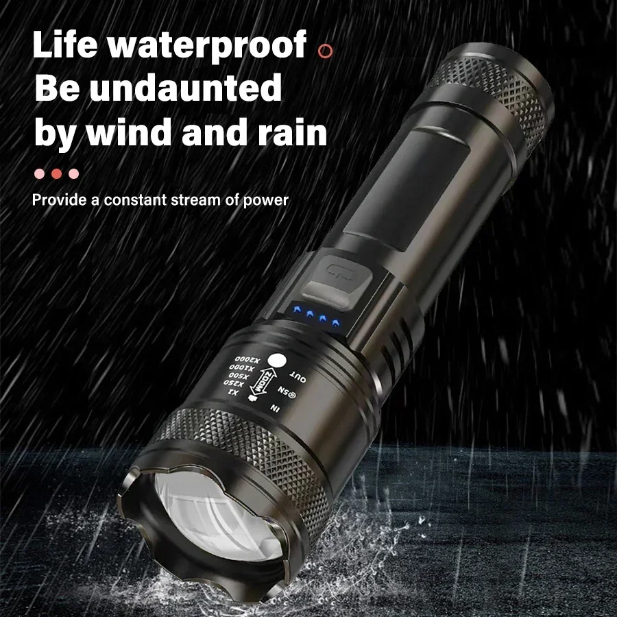 High Strong Power Led Flashlights 2000LM Tactical USB Charging Camping Fishing Emergency Zoom Lantern Torch with Display Light