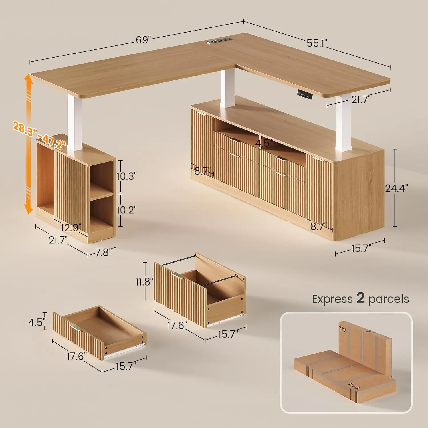 L Shaped Electric Standing Desk With 4 Drawers & Fluted Panel, Executive Office Workstation, Customized