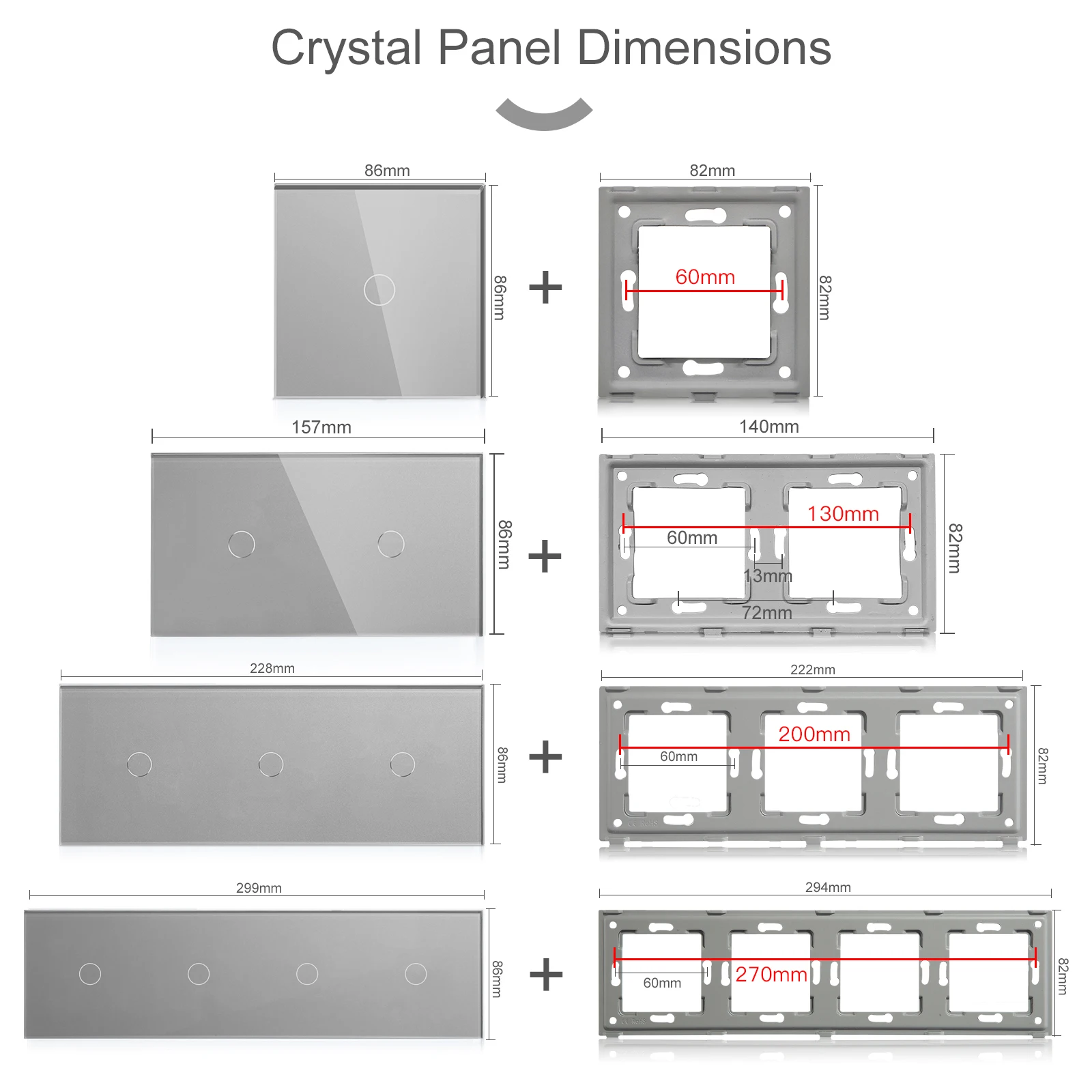 Bseed 157mm 1 Gang 2 Gang Glass Panel Only White Black Gold Grey Color EU Standard Pearl Crystal Glass