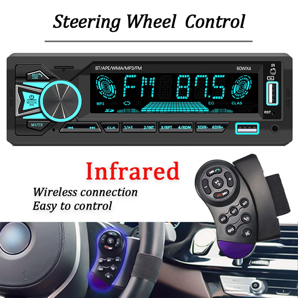 HIPPBQCC Car Radio 1Din Stereo MP3 Player Bluetooth FM Receiver With Remote Control AUX/USB/TF Support Phone Charging