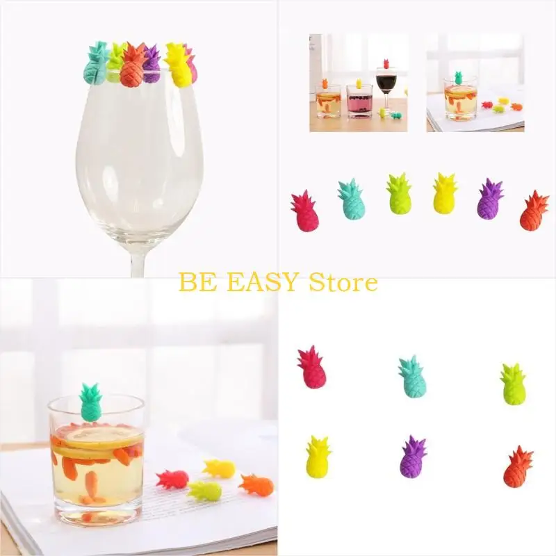 E28F Wine Glass Markers Set of 6 Pineapple Silicone Drink Glass Charms Tags Identification Cup Labels Signs for Party