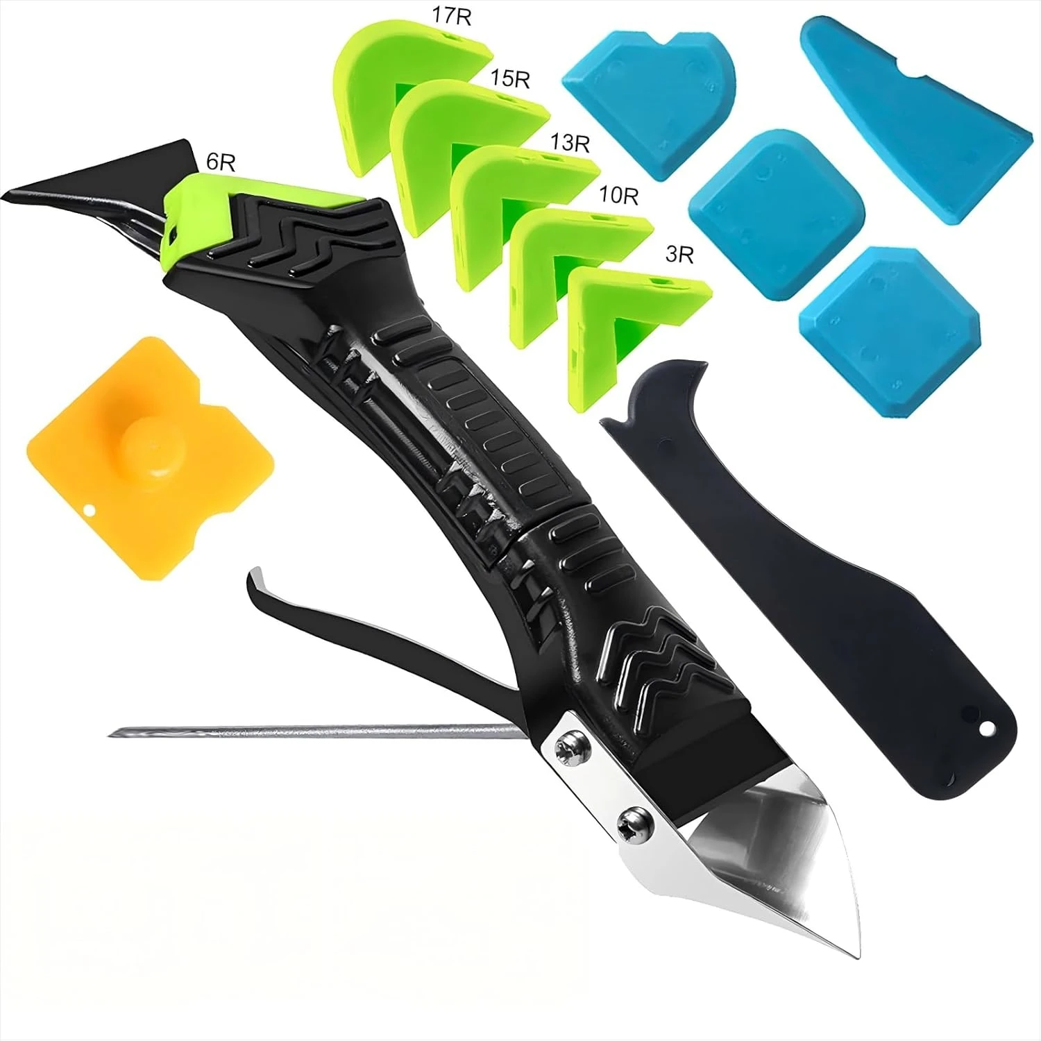 

Caulking Tool 5 in 1 Silicone Caulking Grout Removal Sealant Finishing Tool with Grout Scraper 6 Exchange Silicone Pads