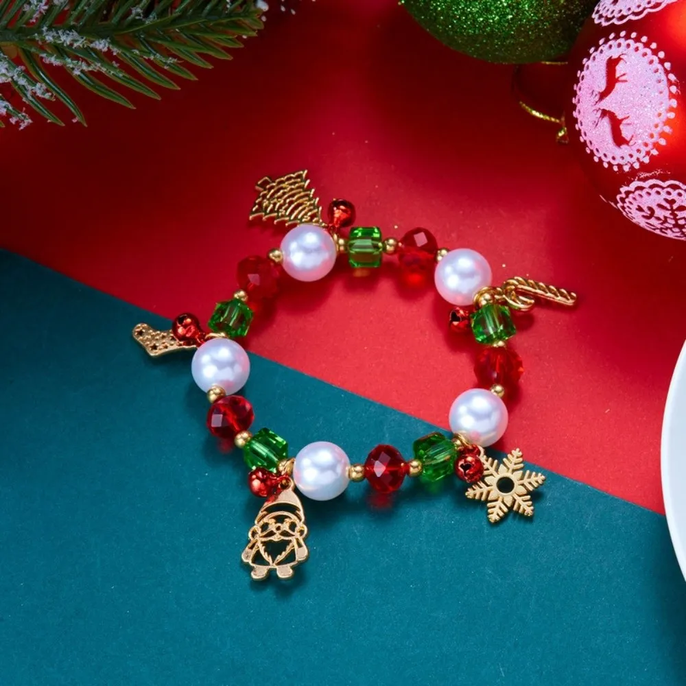 Red Green Christmas Beaded Bracelet Crystal Elastic Cord Snowflake Tree Charm Faux Pearls Glossy Finish Holiday Wrist Band