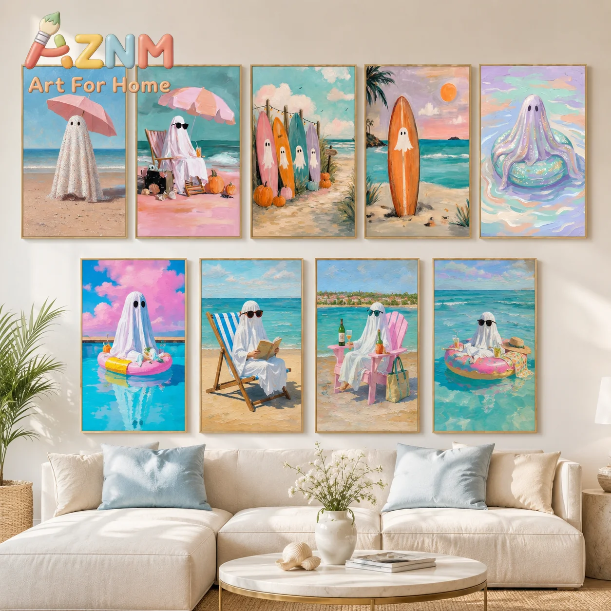 Cute Beach Ghost Canvas Wall Art Pink Coastal Swimming Pool Print Poster Vacation Halloween Decor Canvas Painting for Bedroom