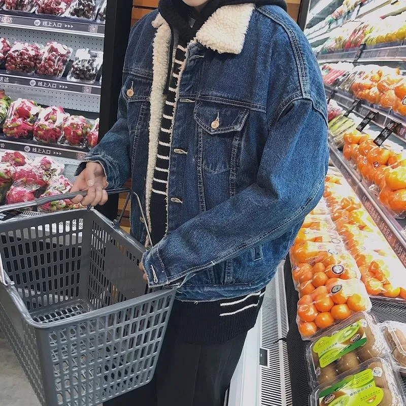 

Мужская зимняя утепленная джинсовая куртка на флисовой подкладке, хлопковая куртка в корейском стиле, модная универсальная повседневная куртка