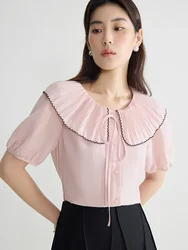 DUSHU  Women Pink Short Sleeve Blouse Peter Pan Collar Patchwork Female Black Shirts 47.8% Acetate Women Shirt Tops 24DS82760