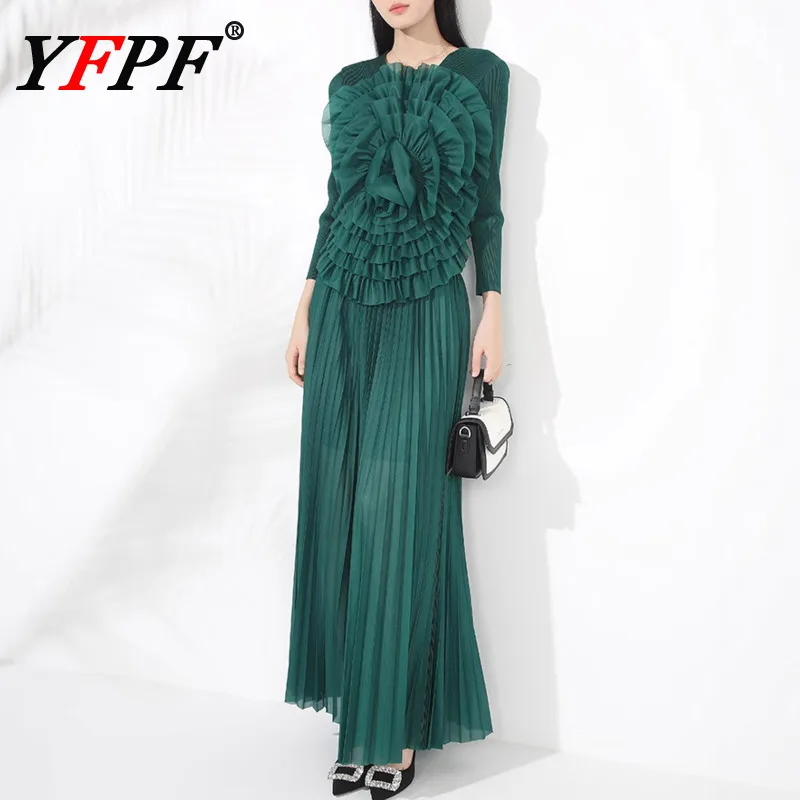 

YFPF Miyake Pleated Design Set For Women Fashion Mesh 3D Floral Spliced Blouse + Folds Long Skirt Elegant 2025 New 3A369