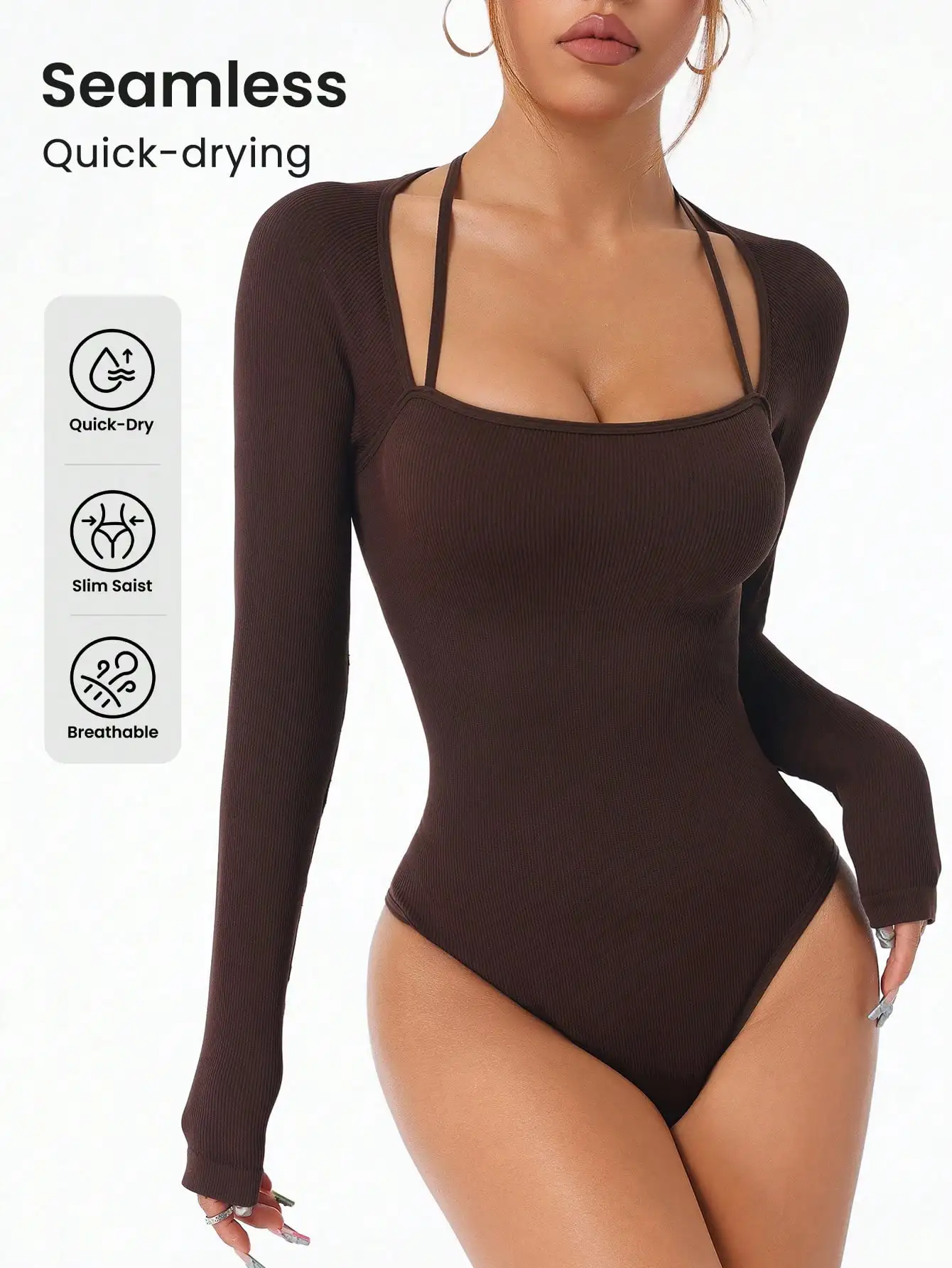 Meistverkaufter, langärmliger, figurschmeichelnder, nahtloser Damen-Body mit quadratischem Ausschnitt, Taillenbetonung, Po-Lifting und Body-Sh