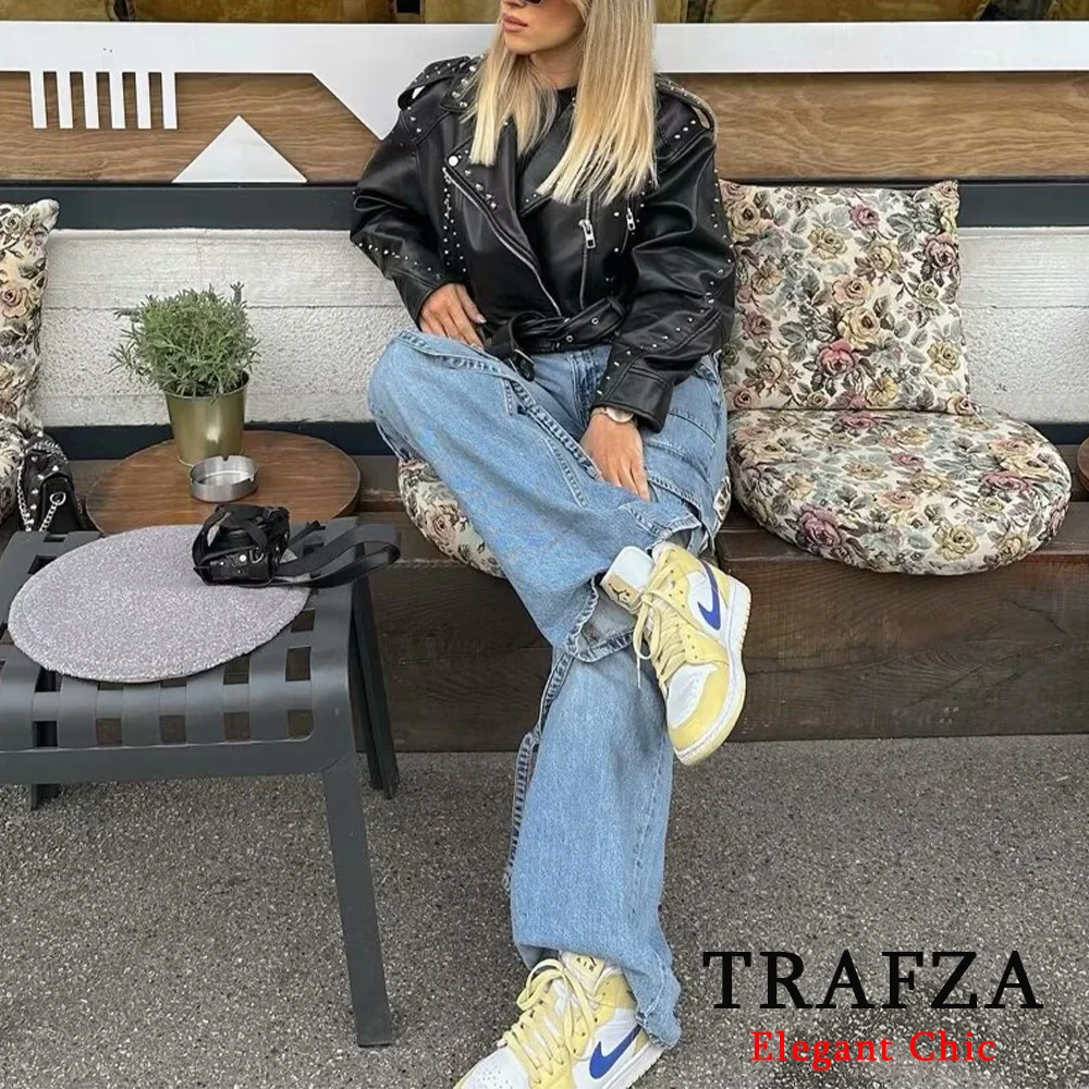 TRAFZA Classic Basic Denim Pants Women\'s Mid-rise Jeans With Pocket New 2024 Spring Summer Fasion Commuter Workwear Trousers