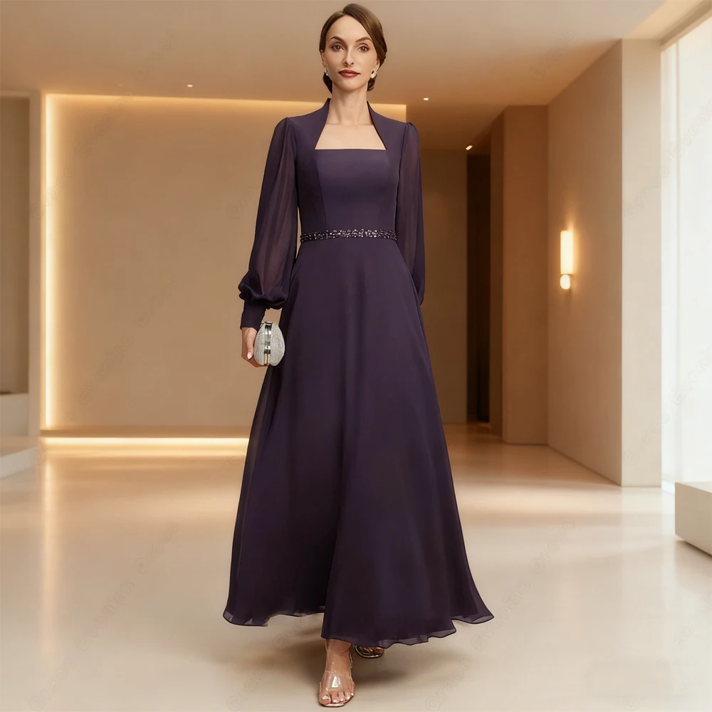 

Purple Full Sleeve Mother of Bride Dresses for Women Beach Chiffon Wedding Party Dresses with Beading 2025 Summer Robe De Soirée
