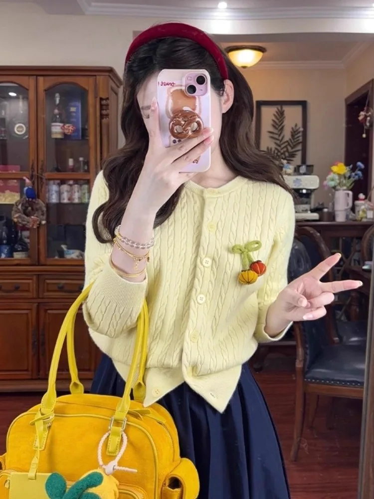 

Желтый вязаный свитер-пальто с длинными рукавами для женщин: модный, новый, весенне-осенний, повседневный, комфортный топ высокого качества