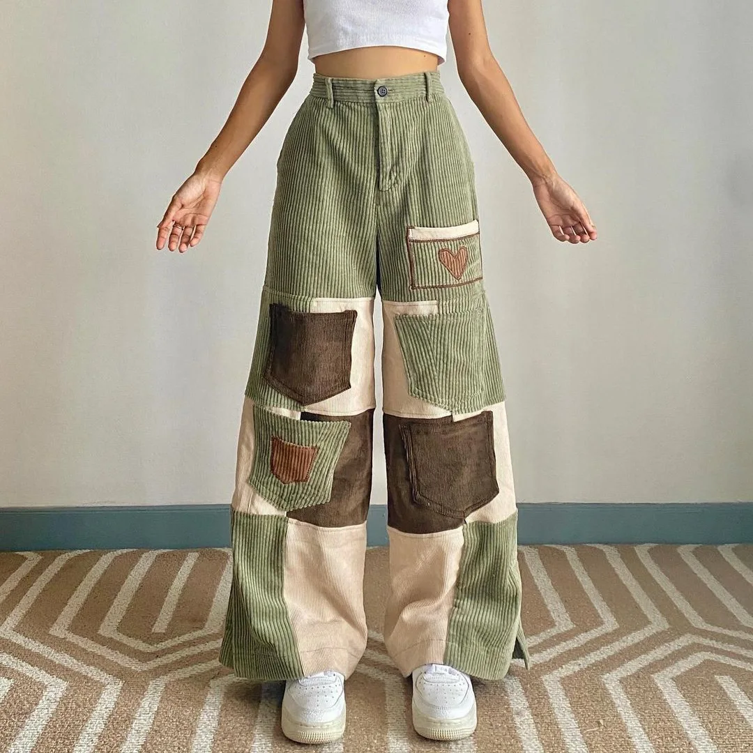 

Autumn and Winter 2024 Fashion Women's Denim Trousers - Color-blocked High-waist Wide Leg Pants with Multiple Pockets