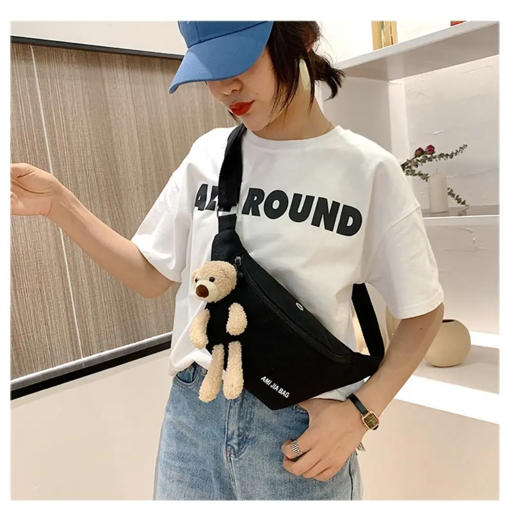1PC Women\'s Cute Bear Waist Bag Canvas Belt Bags Designer Crossbody Chest Bag Female Solid Fanny Pack Banana Hip Purse