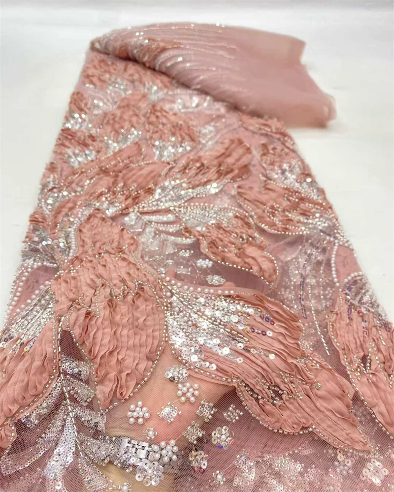 Tessuto di pizzo africano nigeriano di alta qualità con paillettes ricamate in tulle 5 metri con perline e pietra per abiti da ballo da cucire